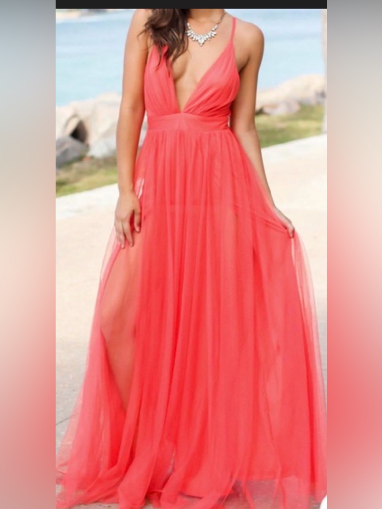 Nwt Coral Tulle Maxi Dress Backless Deep V Flowing Formal Gown Boutique